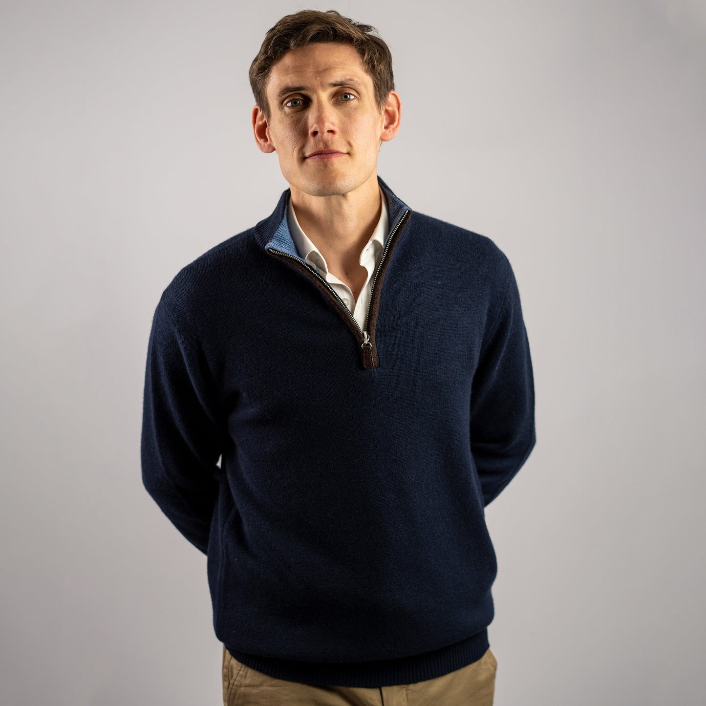 Men's Navy Zip Neck Jumper in Thick Knit Cashmere/Merino