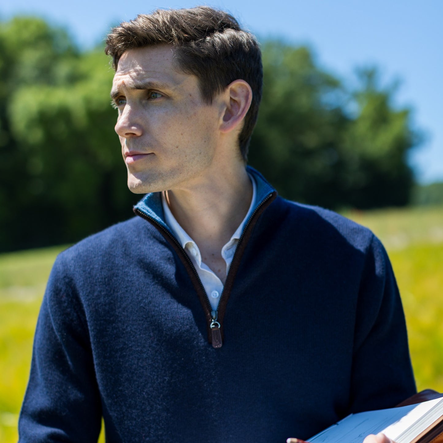 Men's Navy Zip Neck Jumper in Thick Knit Cashmere/Merino