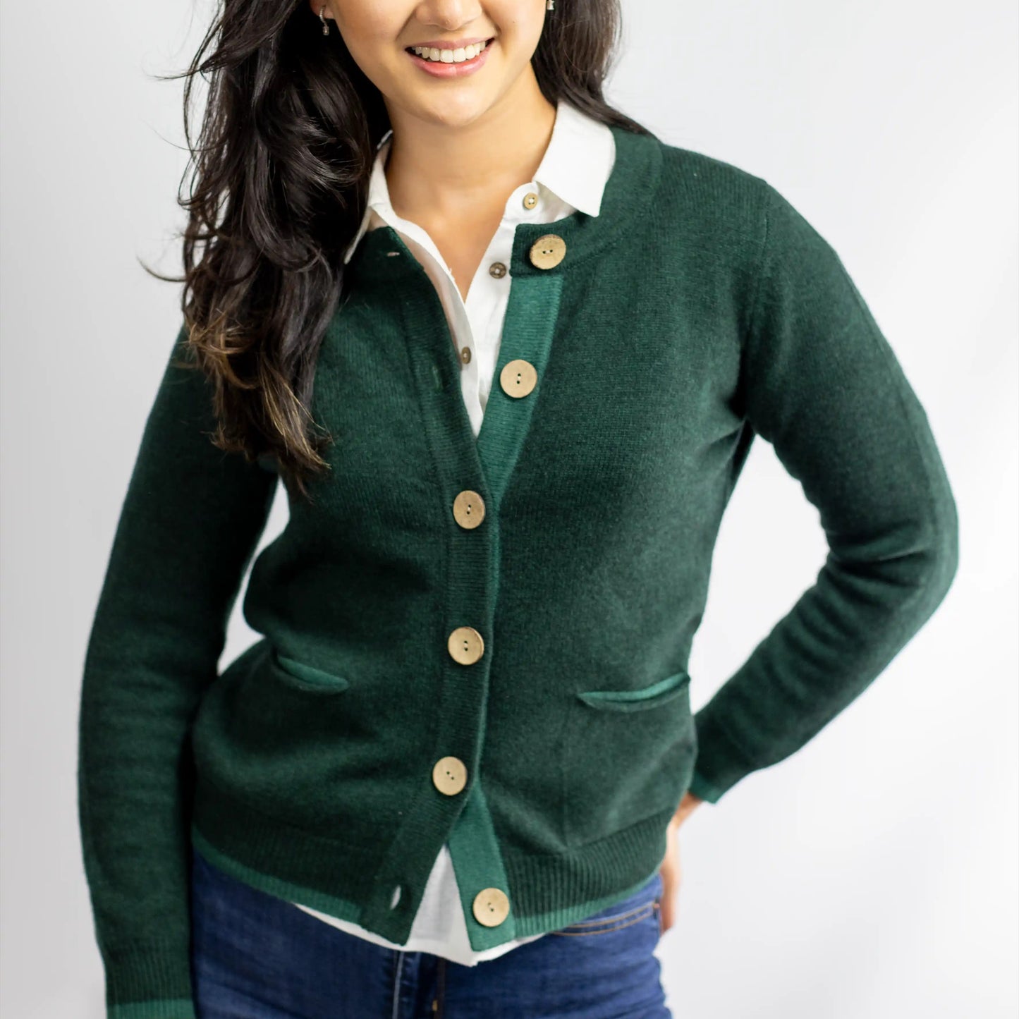 Cashmere/Merino Women's Pocket Cardigan - Merino Green