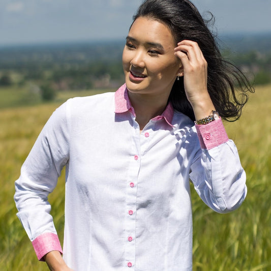 Women's White Hemp Shirt with Pink Collar