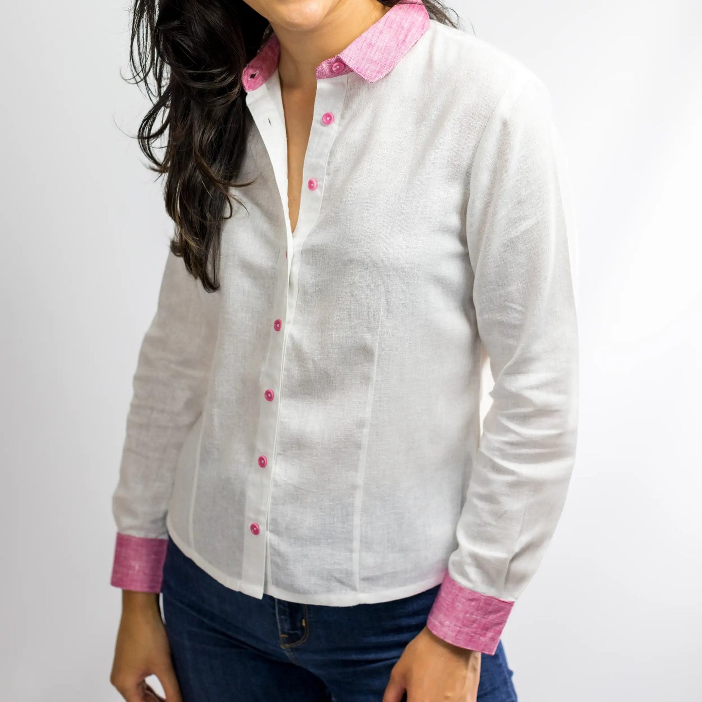 Women's White Hemp Shirt with Pink Collar