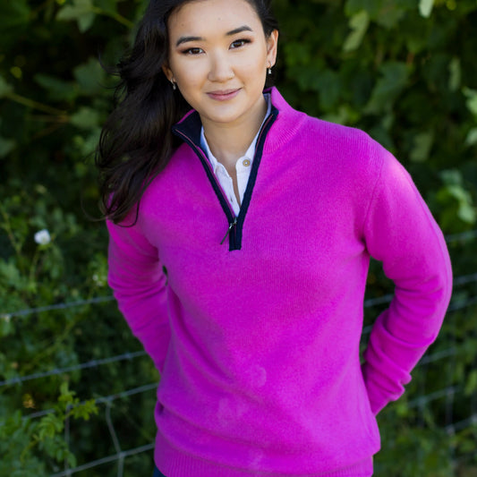 Women's Zip Neck Jumper in Thick Knit Cashmere/Merino - Pink