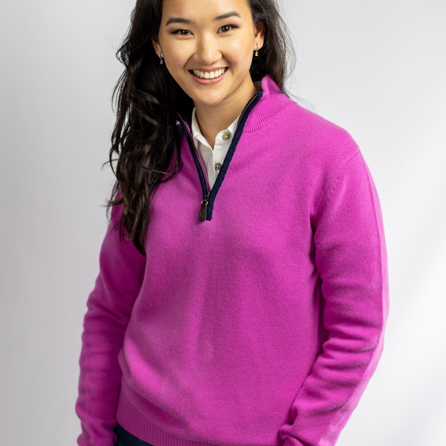 Women's Zip Neck Jumper in Thick Knit Cashmere/Merino - Pink