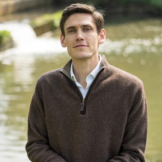 Men's Zip Neck Jumper in Thick Knit in Pure Yak Yarn - Dark Brown