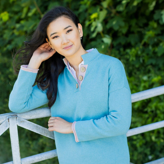 Women's High Collar Jumper in Thick Knit Cashmere/Merino - Duck Egg