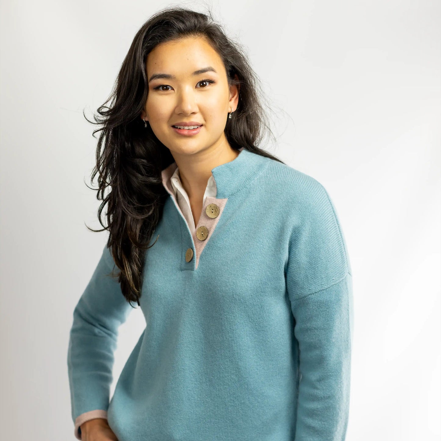 Women's High Collar Jumper in Thick Knit Cashmere/Merino - Duck Egg