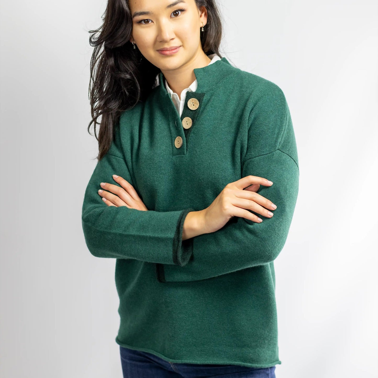 Women's High Collar Jumper in Thick Knit Cashmere/Merino Green