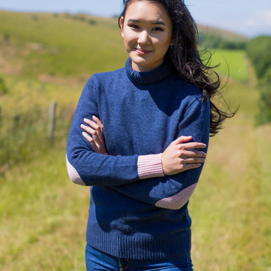 Women's Roll Neck Jumper in Cashmere/Merino - Denim Blue