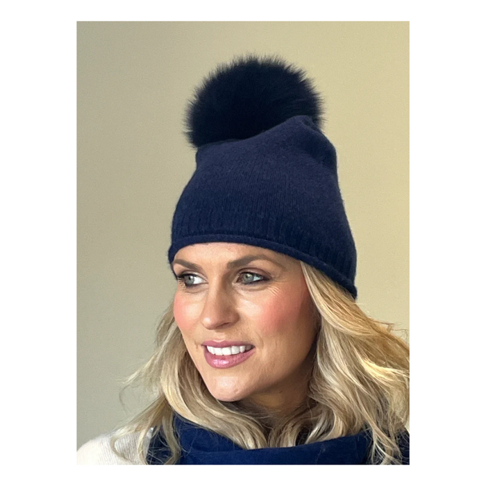 Navy plain beanie with ribbed detail with faux pom