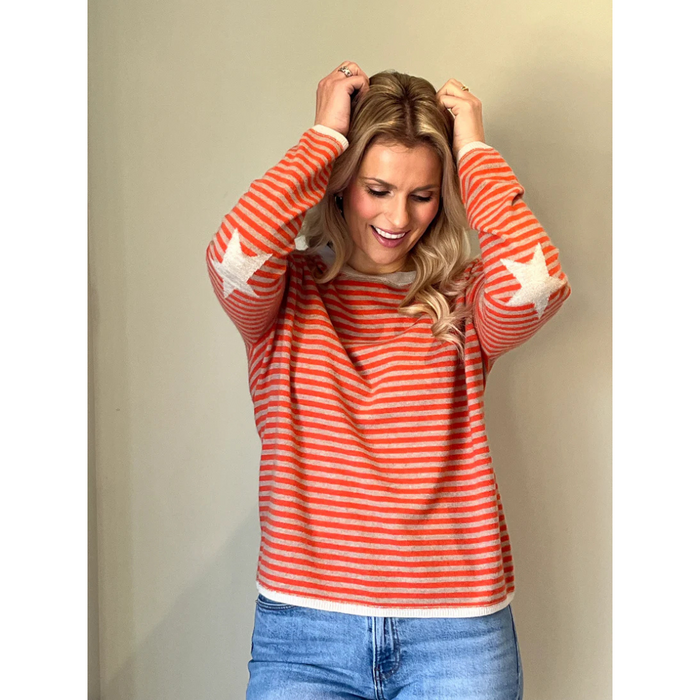 Striped boxy crew with star intarsia elbows