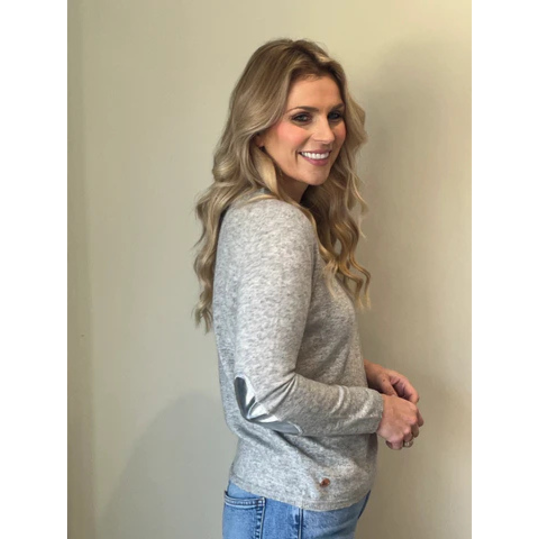 Kim Grey metallic elbow patch boxy crew