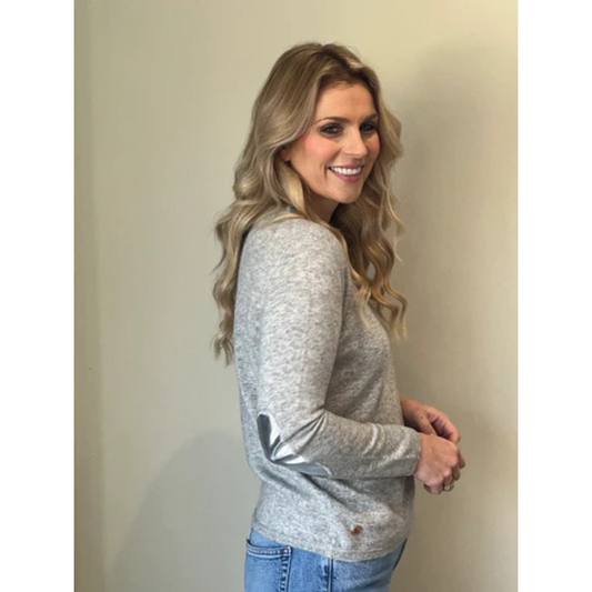 Kim Grey metallic elbow patch boxy crew