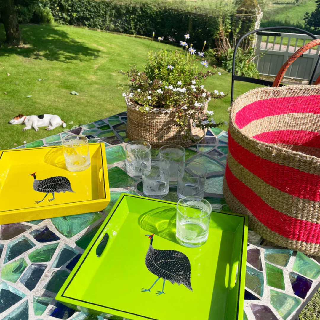 Square Tray Guinea Fowl on Lime Green