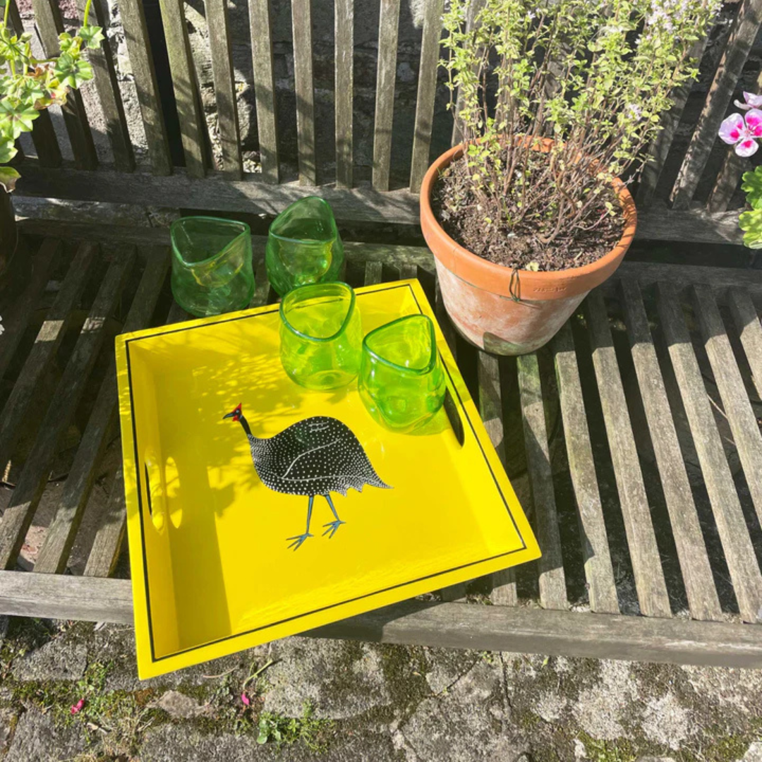 Square Tray, Guinea Fowl on Yellow