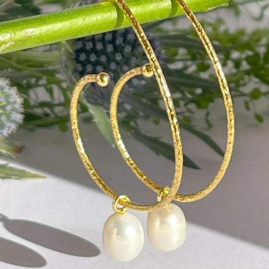Large Gold Hoops with Pearl Drop