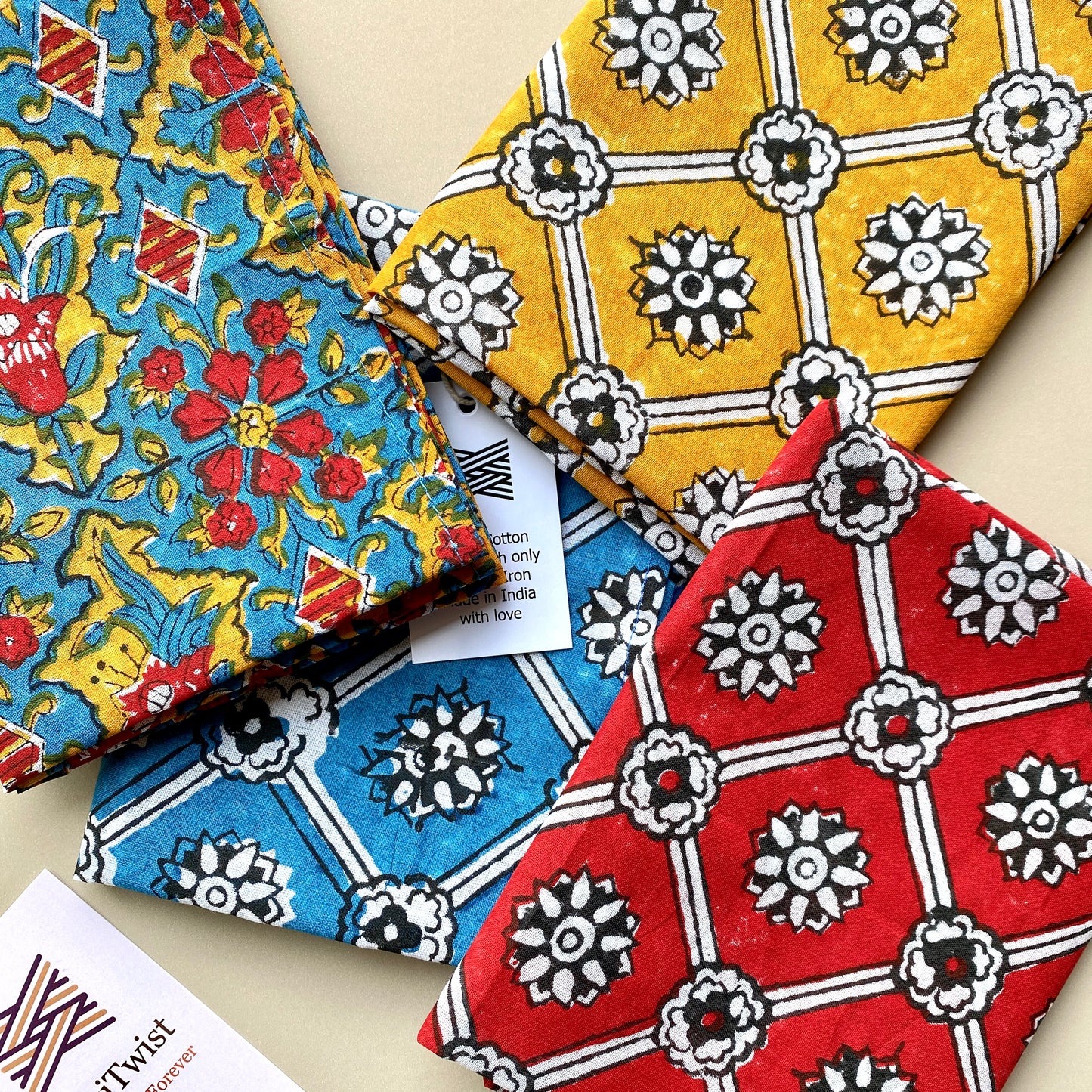 3 Vibrant Block Print Cotton Handkerchieves