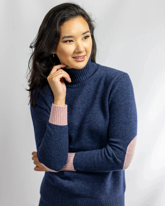 Women's Roll Neck Jumper in Cashmere/Merino - Denim Blue
