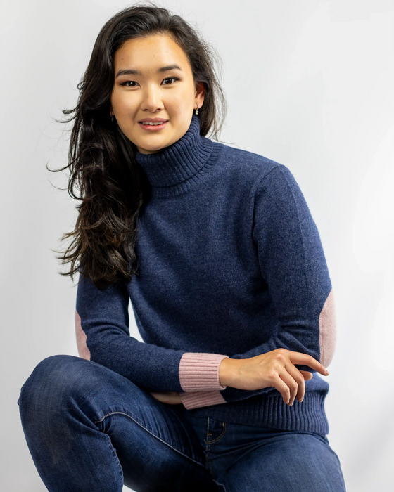 Women's Roll Neck Jumper in Cashmere/Merino - Denim Blue