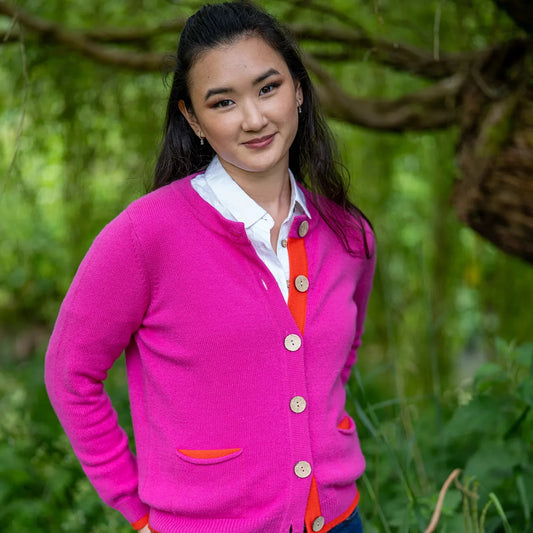 Cashmere/Merino Women's Pocket Cardigan - Pink & Orange