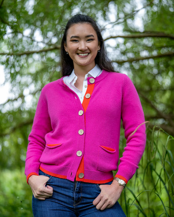 Cashmere/Merino Women's Pocket Cardigan - Pink & Orange