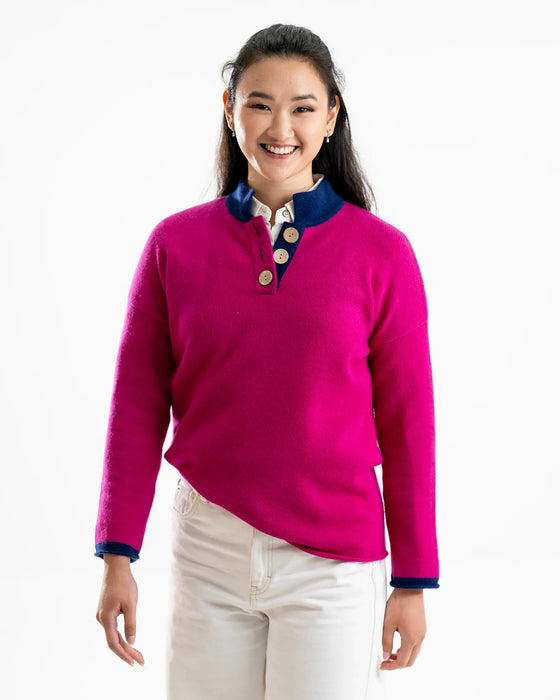 Women's High Collar Cashmere and Merino Jumper - Cerise and Navy