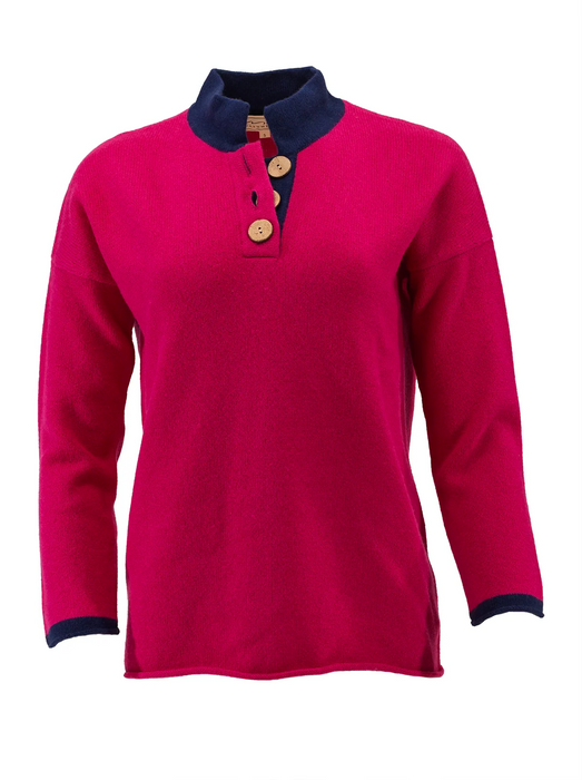Women's High Collar Cashmere and Merino Jumper - Cerise and Navy