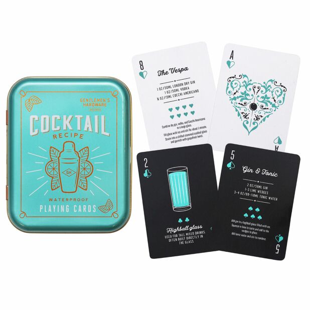 Recipe Glass Cocktail Shaker and playing cards