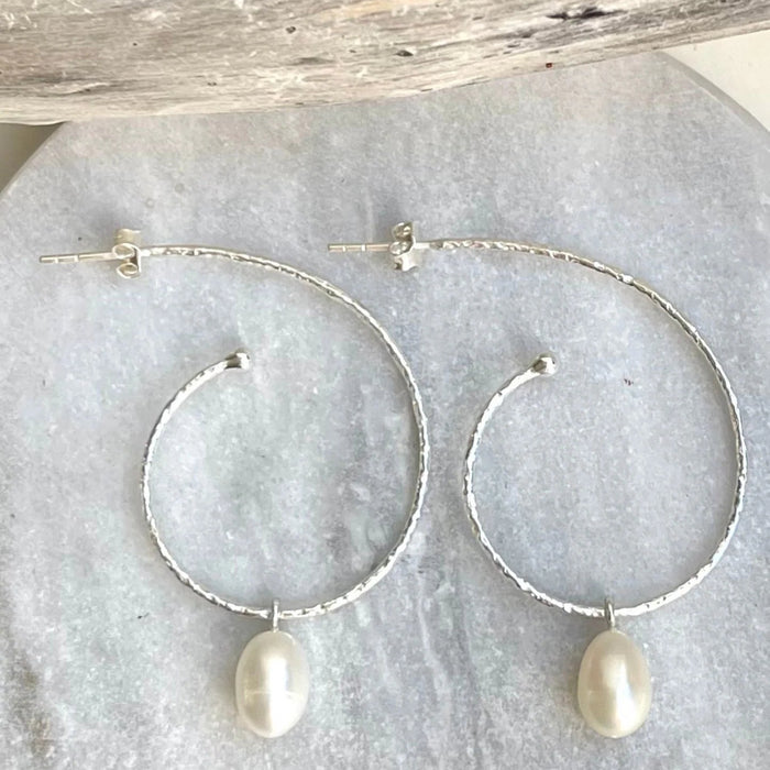 Large Silver Hoops with Pearl Drop