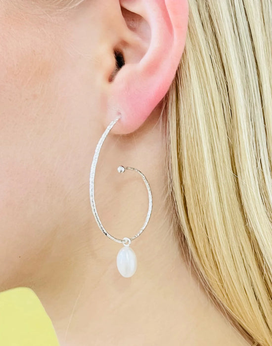Large Silver Hoops with Pearl Drop