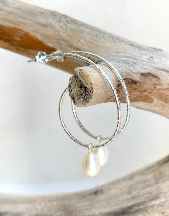 Large Silver Hoops with Pearl Drop