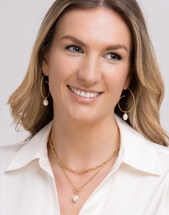 Large Gold Hoops with Pearl Drop