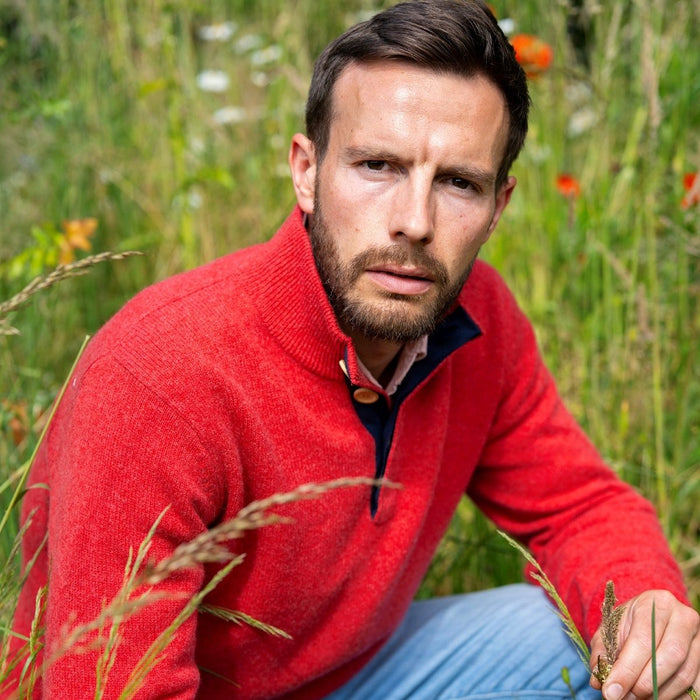 Men's Burnt Coral Zip Neck Jumper in Thick Knit Cashmere/Merino