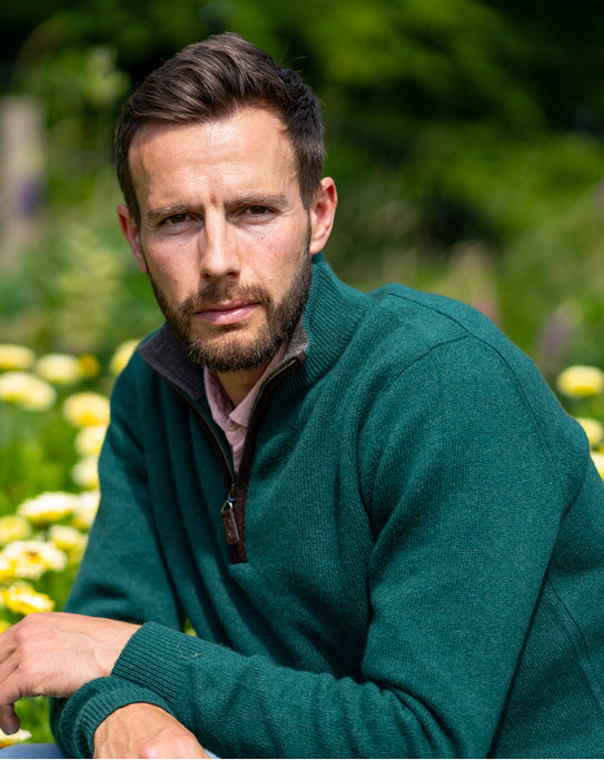 Men's Green Zip Neck Jumper in Thick Knit Cashmere/Merino