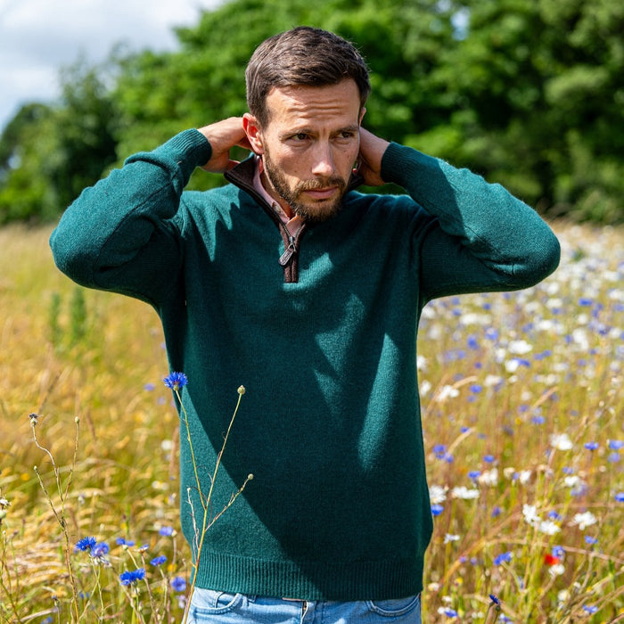 Men's Green Zip Neck Jumper in Thick Knit Cashmere/Merino