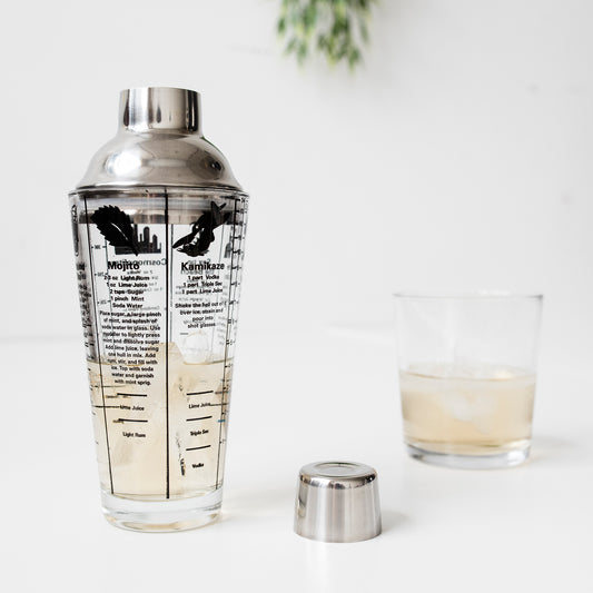 Recipe Glass Cocktail Shaker and playing cards