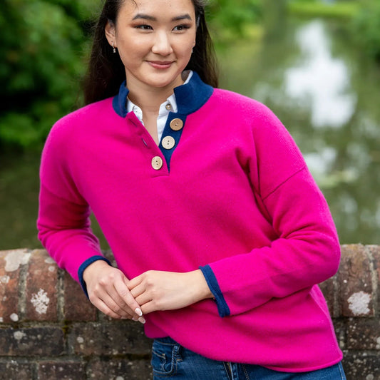 Women's High Collar Cashmere and Merino Jumper - Cerise and Navy