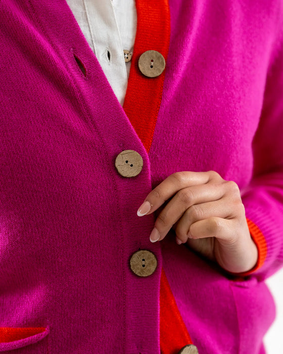 Cashmere/Merino Women's Pocket Cardigan - Pink & Orange