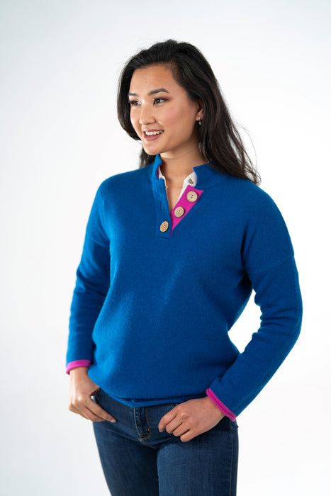 Women's Zip Neck Jumper in Thick Knit Cashmere/Merino - Aztec Blue with Pink