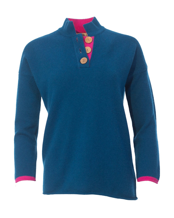 Women's Zip Neck Jumper in Thick Knit Cashmere/Merino - Aztec Blue with Pink