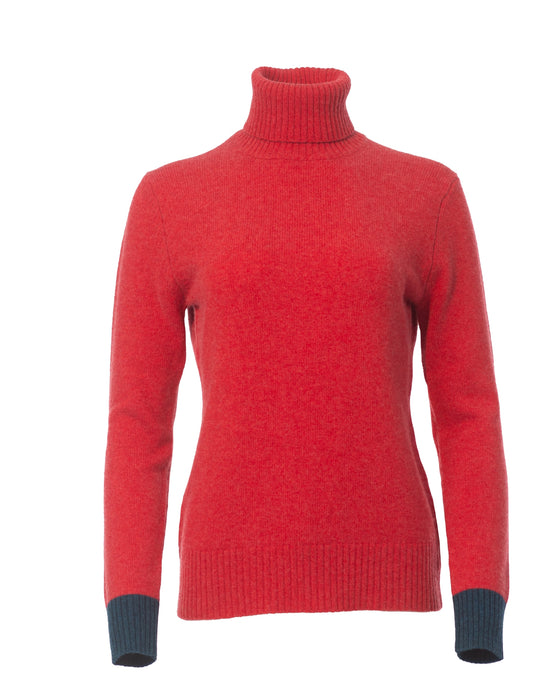 Women's Roll Neck Jumper in Cashmere/Merino - Burnt Coral with Navy