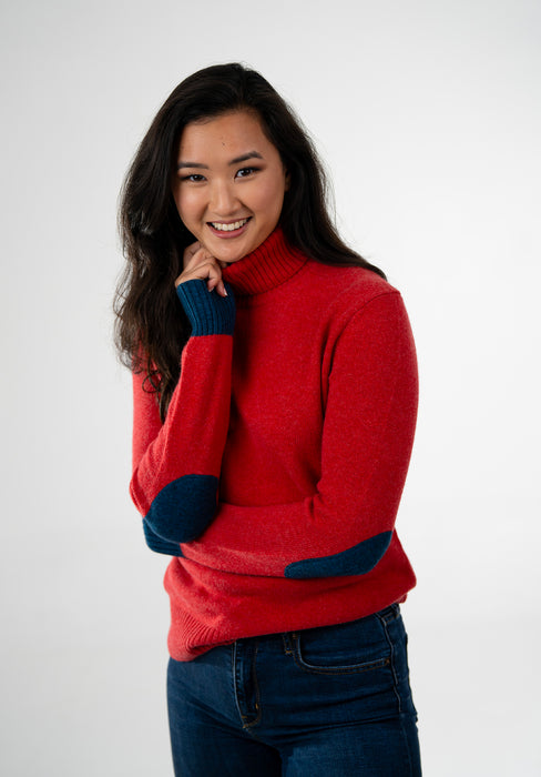 Women's Roll Neck Jumper in Cashmere/Merino - Burnt Coral with Navy